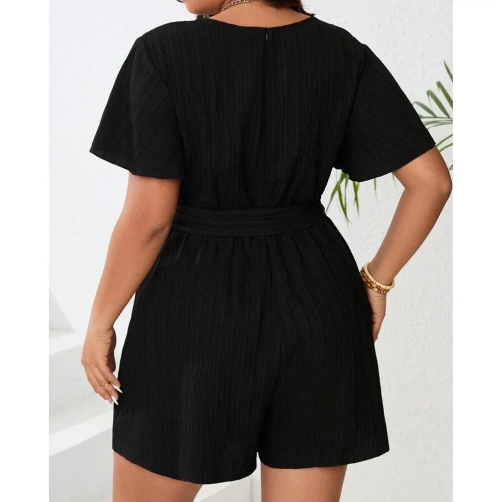SHEIN Women Black Plisse V-Neck Flutter Sleeve Tie Waist Romper
